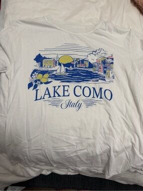 Z Supply - Lake Como Italy White Graphic Tee with Blue and Yellow Artwork